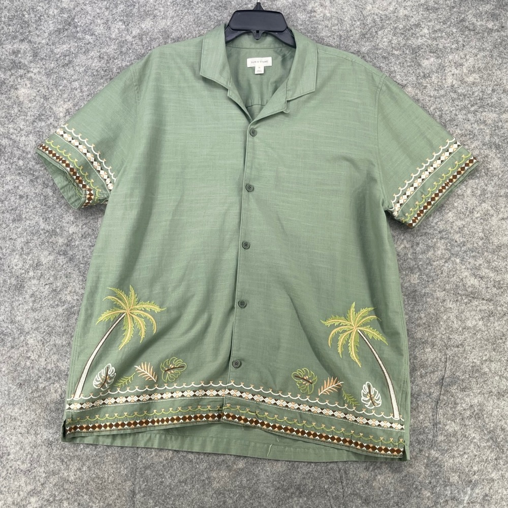 Sun + Stone Shirt Men XL Green Embroidered Palm Tree Cotton Loop Collar Camp